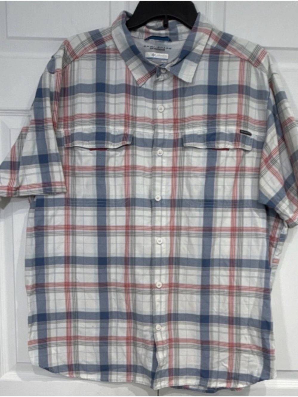 Columbia Omni-Shade XL Men  Plaid Sun‎ Protection Shirt Blue Red Hiking Outdoor